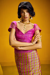 Delectable Yellow Two Tone Chex Banarasi Silk Saree With Hypnotic Blouse Piece