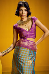 Susurrous Firozi Two Tone Chex Banarasi Silk Saree With Engaging Blouse Piece