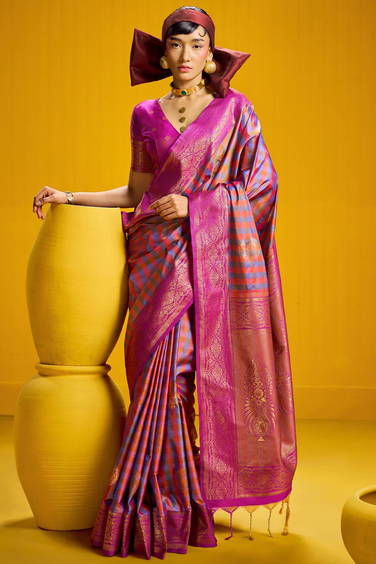 Improbable Lavender Two Tone Chex Banarasi Silk Saree With Enthralling Blouse Piece