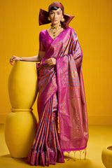Improbable Lavender Two Tone Chex Banarasi Silk Saree With Enthralling Blouse Piece