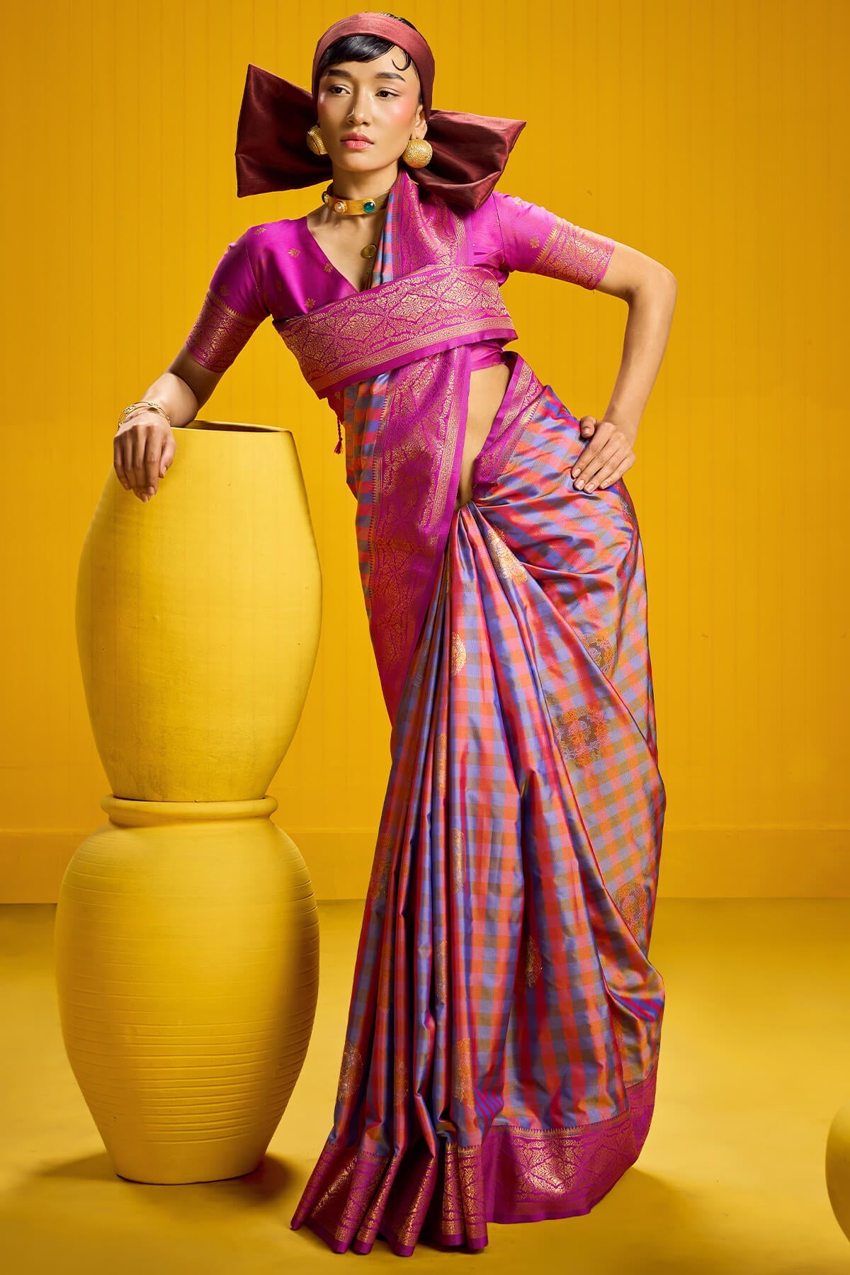 Improbable Lavender Two Tone Chex Banarasi Silk Saree With Enthralling Blouse Piece