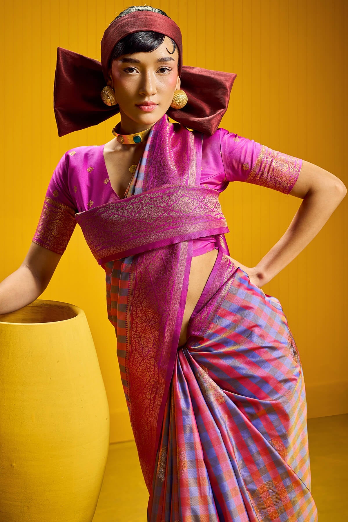 Improbable Lavender Two Tone Chex Banarasi Silk Saree With Enthralling Blouse Piece