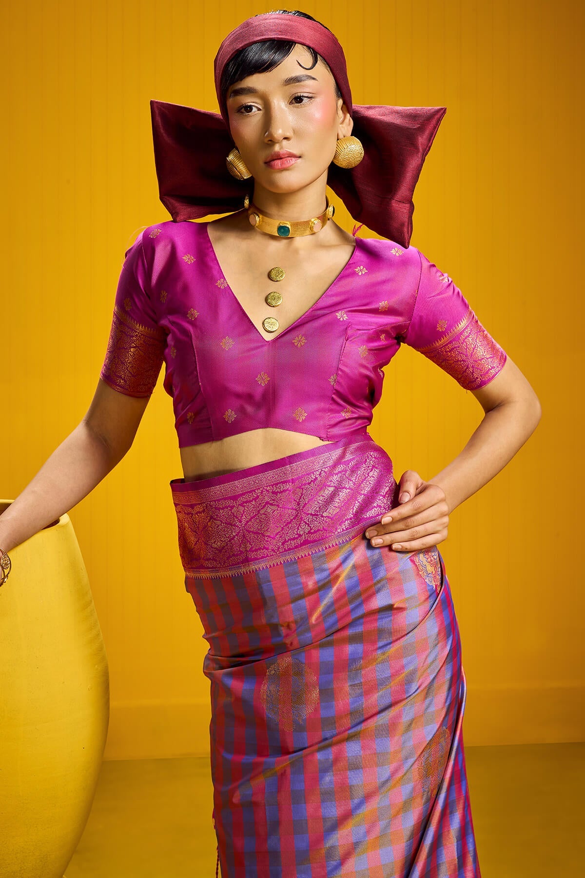 Improbable Lavender Two Tone Chex Banarasi Silk Saree With Enthralling Blouse Piece