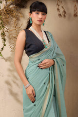 Stunner Sea Green Cotton Silk Saree With Designer Blouse Piece