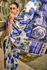 Effulgent Blue Digital Printed Satin Silk Saree With Ineffable Blouse Piece