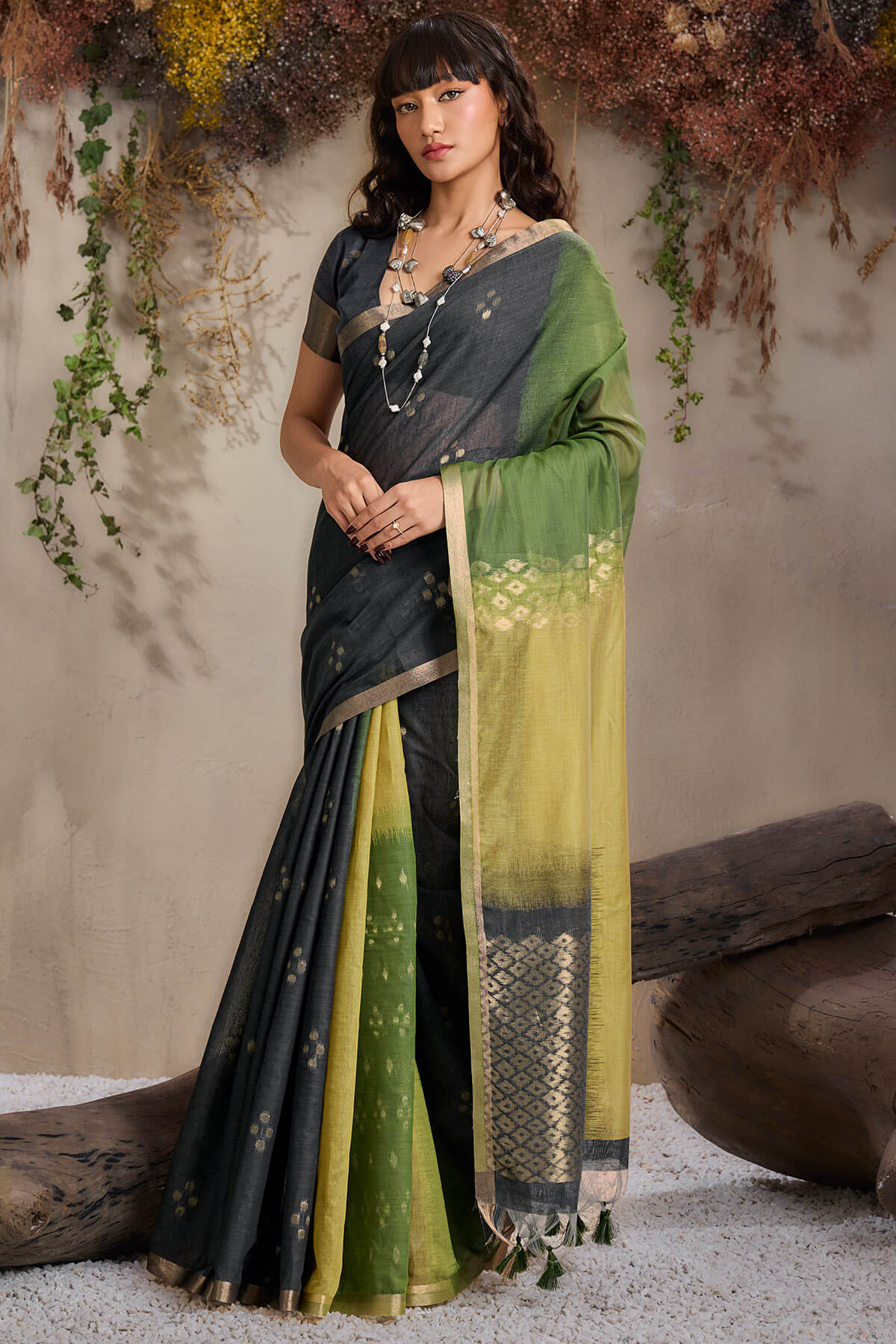 Flaunt Black and Green Viscose Cotton Silk Saree With Vibrant Blouse Piece