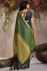 Flaunt Black and Green Viscose Cotton Silk Saree With Vibrant Blouse Piece
