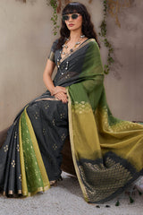 Flaunt Black and Green Viscose Cotton Silk Saree With Vibrant Blouse Piece