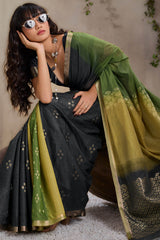 Flaunt Black and Green Viscose Cotton Silk Saree With Vibrant Blouse Piece