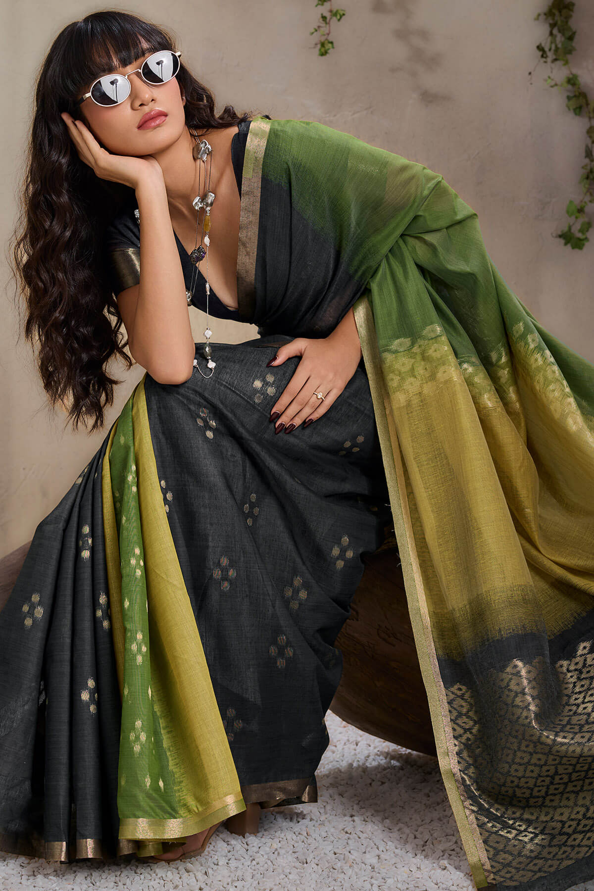 Flaunt Black and Green Viscose Cotton Silk Saree With Vibrant Blouse Piece