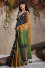 Beauteous Black and Mustard Viscose Cotton Silk Saree With Arresting Blouse Piece