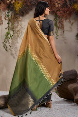 Beauteous Black and Mustard Viscose Cotton Silk Saree With Arresting Blouse Piece