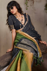 Beauteous Black and Mustard Viscose Cotton Silk Saree With Arresting Blouse Piece