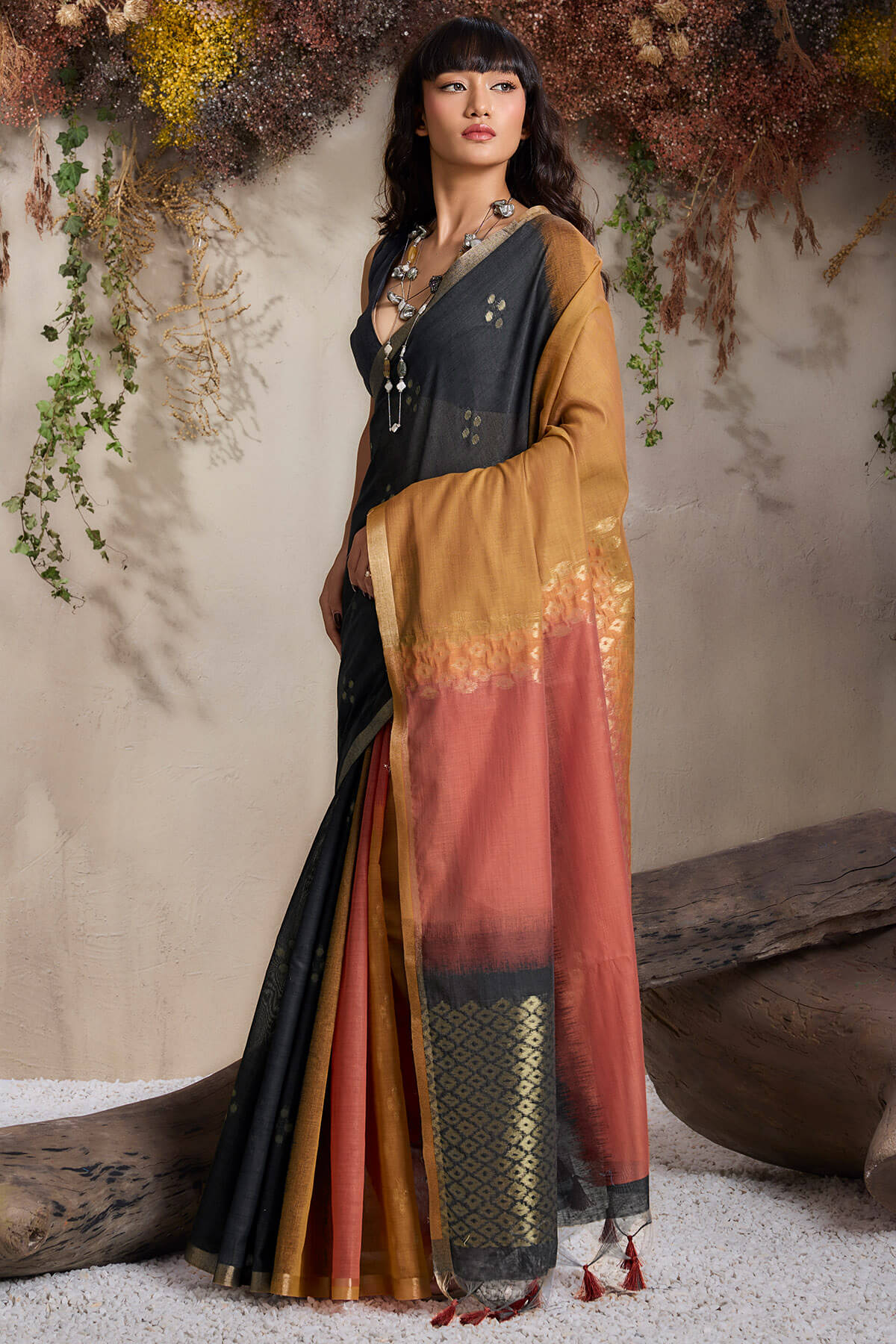 Quintessential Black and Brown Viscose Cotton Silk Saree With Fancifull Blouse Piece