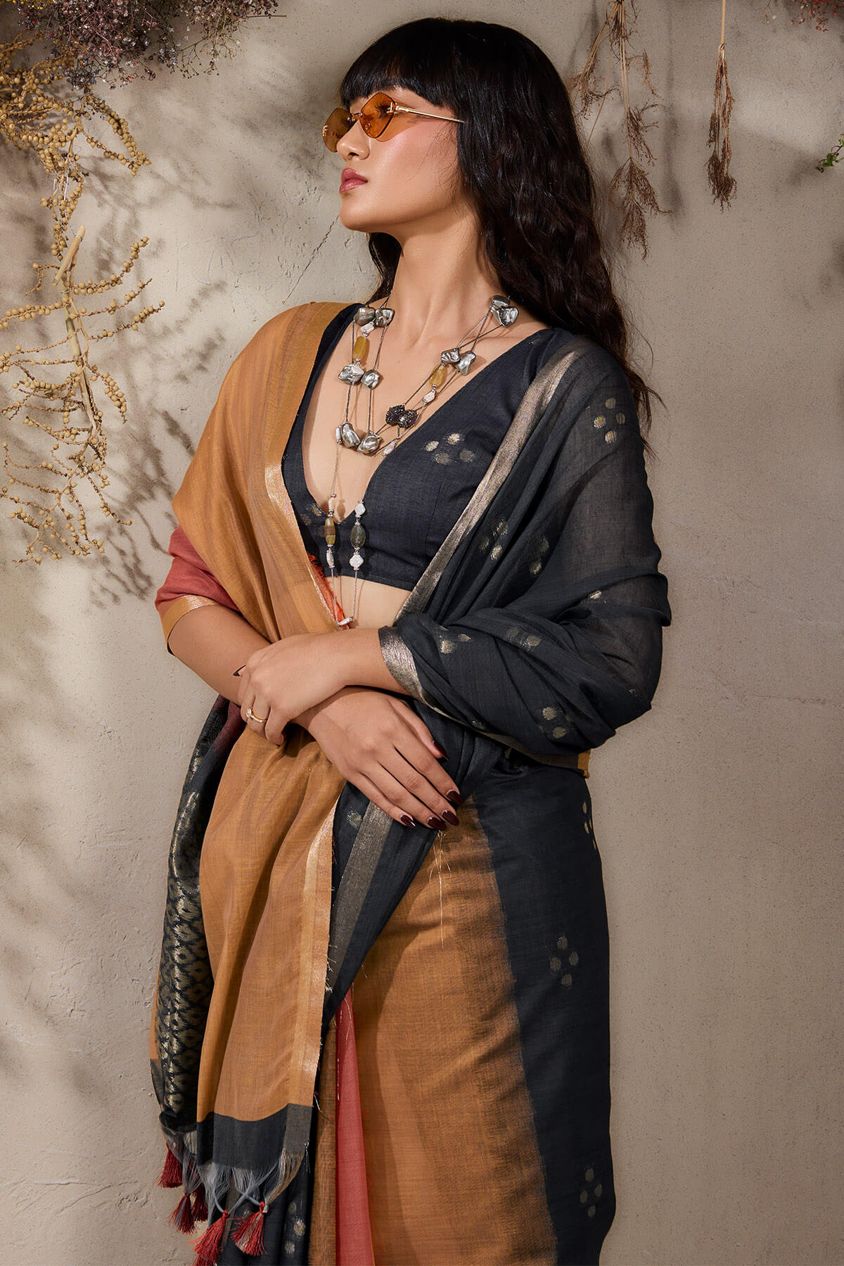 Quintessential Black and Brown Viscose Cotton Silk Saree With Fancifull Blouse Piece