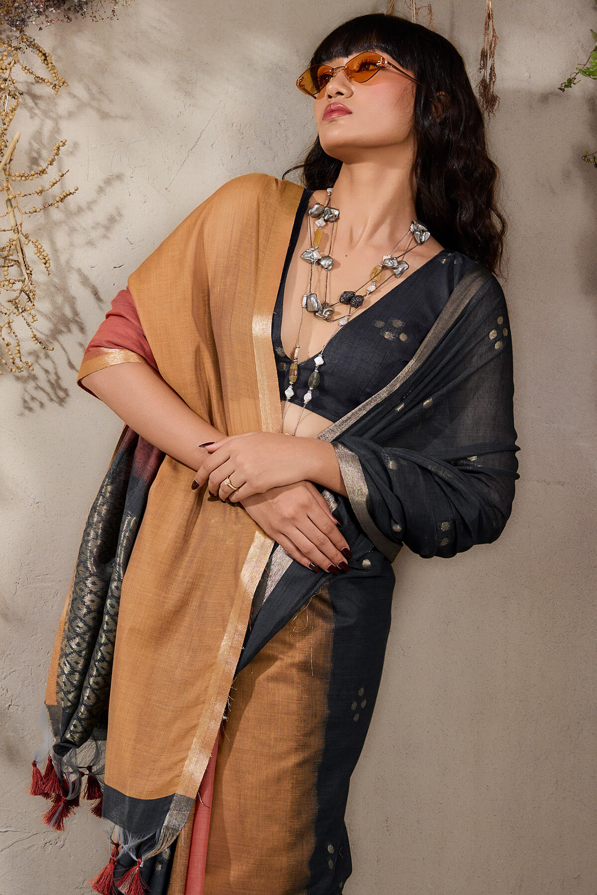 Quintessential Black and Brown Viscose Cotton Silk Saree With Fancifull Blouse Piece