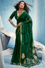 Stunner Green Pure Munga Cotton Silk Saree With Lustrous Blouse Piece