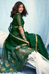Stunner Green Pure Munga Cotton Silk Saree With Lustrous Blouse Piece
