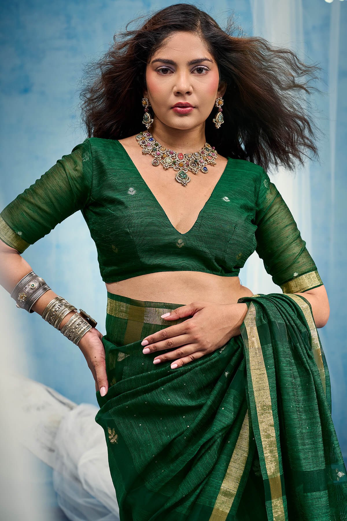 Stunner Green Pure Munga Cotton Silk Saree With Lustrous Blouse Piece