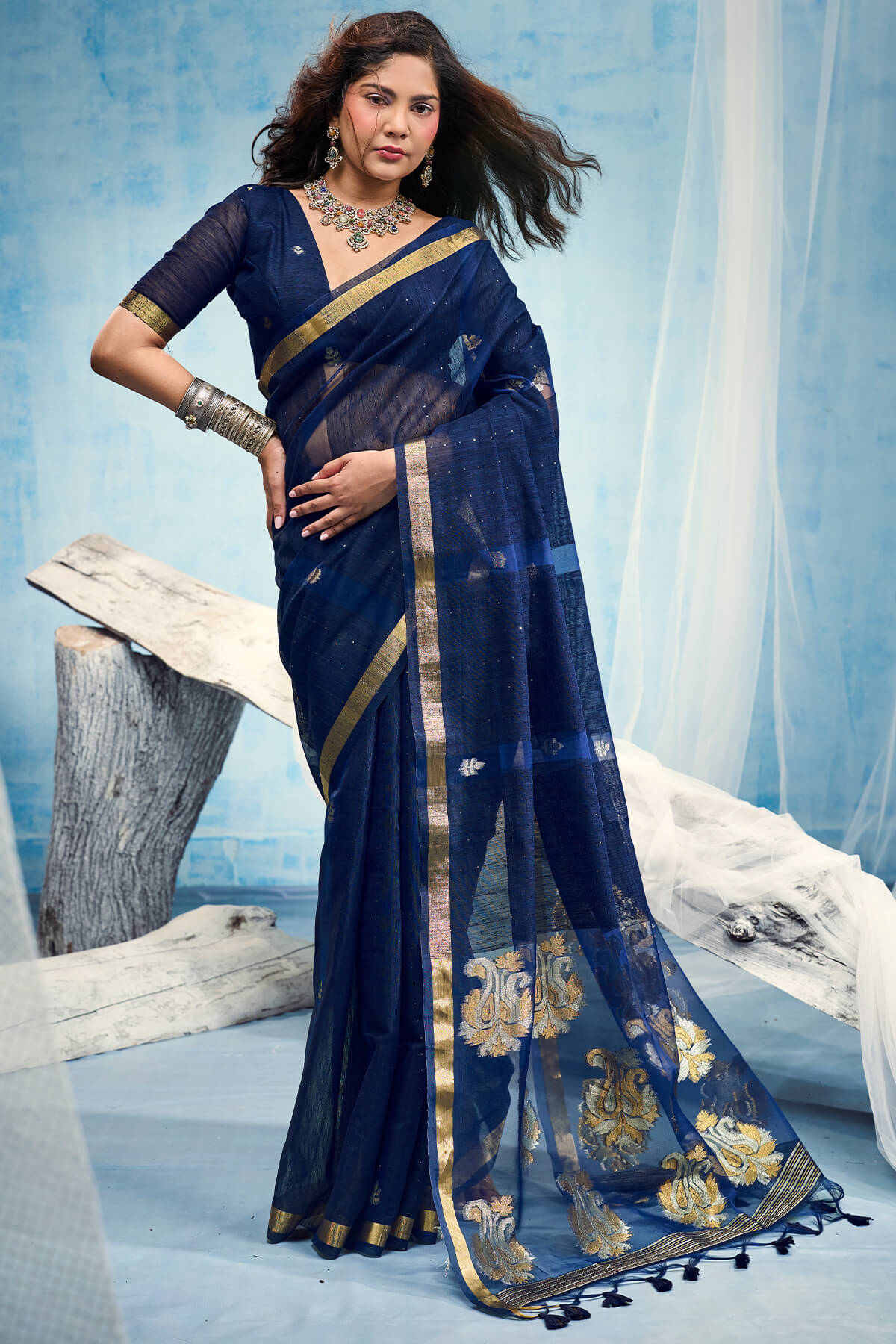 Woebegone Navy Blue Pure Munga Cotton Silk Saree With Ethnic Blouse Piece