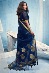 Woebegone Navy Blue Pure Munga Cotton Silk Saree With Ethnic Blouse Piece