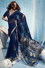 Woebegone Navy Blue Pure Munga Cotton Silk Saree With Ethnic Blouse Piece