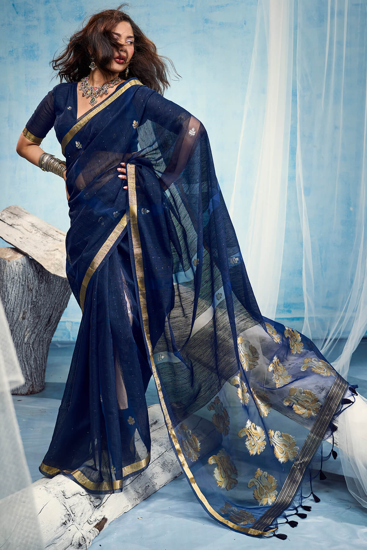 Woebegone Navy Blue Pure Munga Cotton Silk Saree With Ethnic Blouse Piece