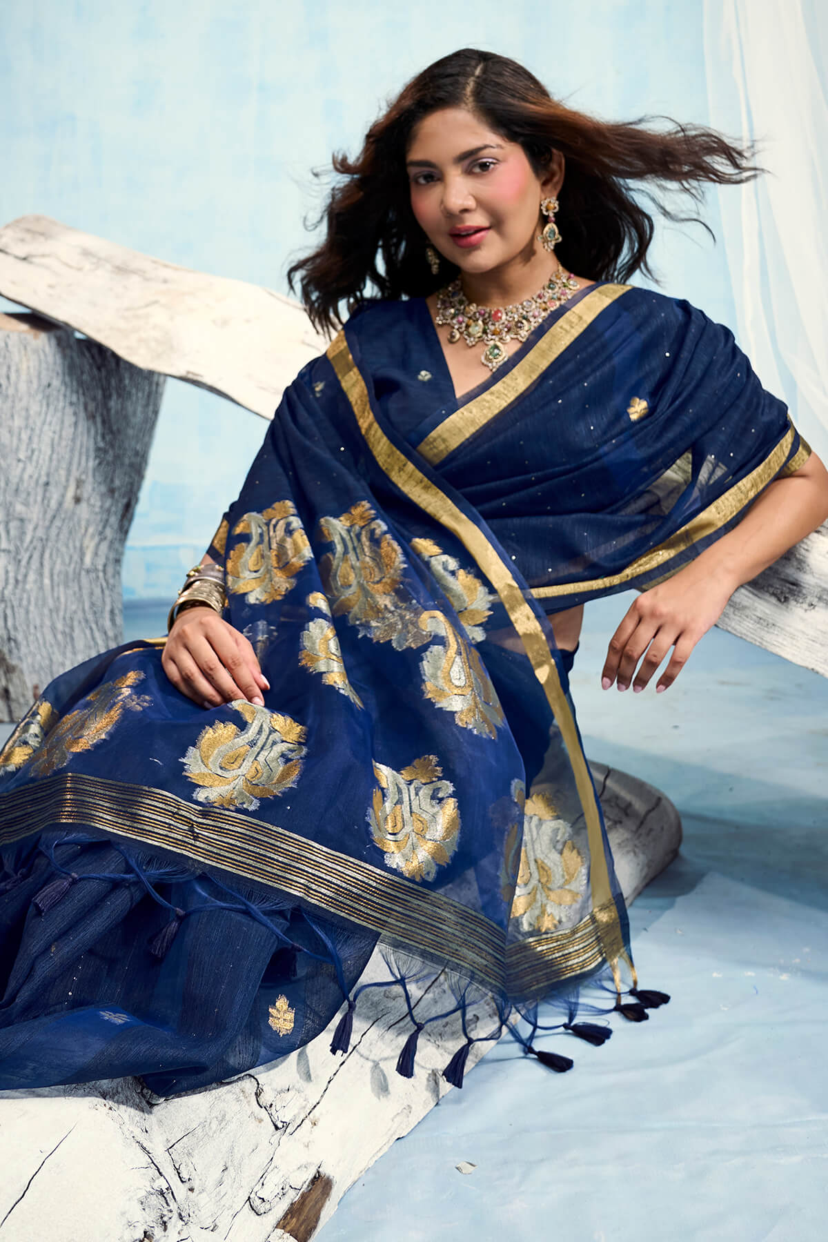 Woebegone Navy Blue Pure Munga Cotton Silk Saree With Ethnic Blouse Piece