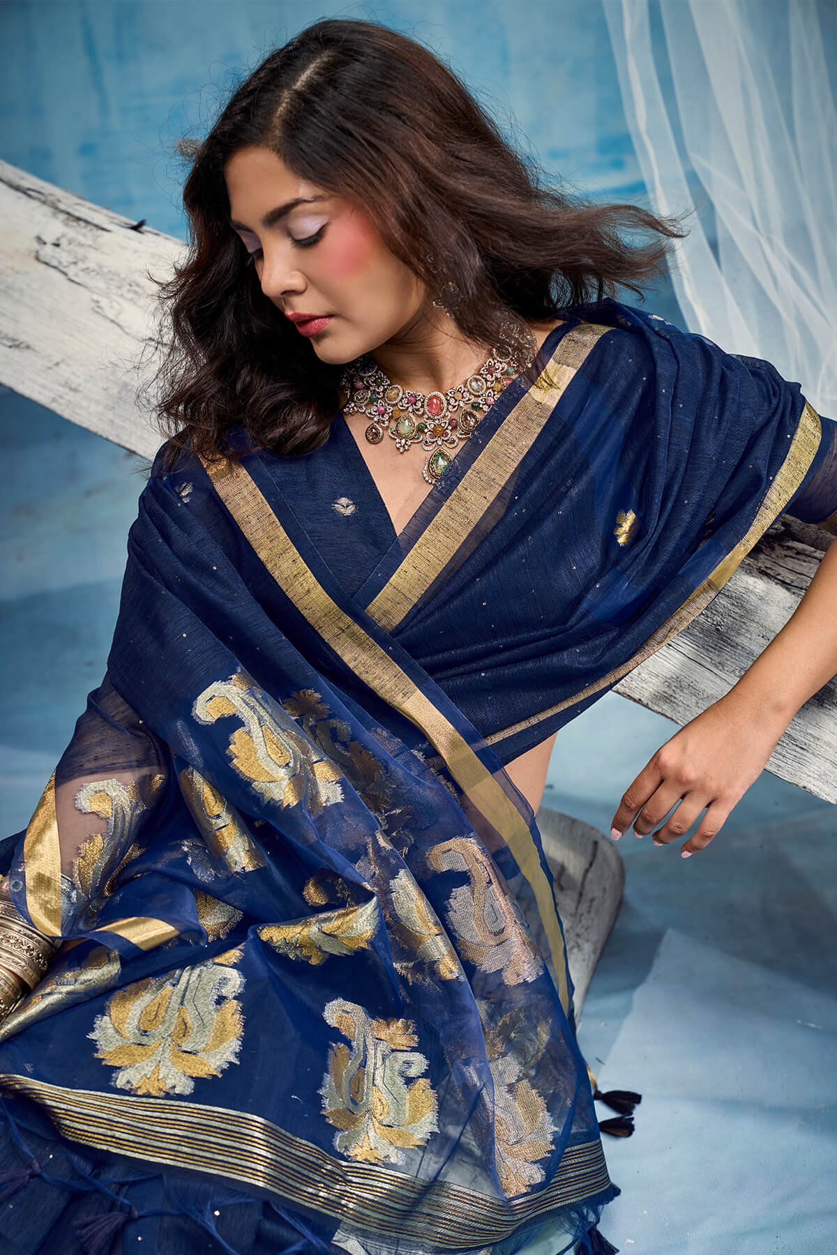 Woebegone Navy Blue Pure Munga Cotton Silk Saree With Ethnic Blouse Piece