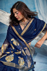 Woebegone Navy Blue Pure Munga Cotton Silk Saree With Ethnic Blouse Piece