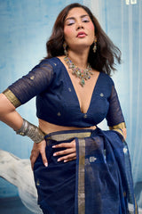 Woebegone Navy Blue Pure Munga Cotton Silk Saree With Ethnic Blouse Piece