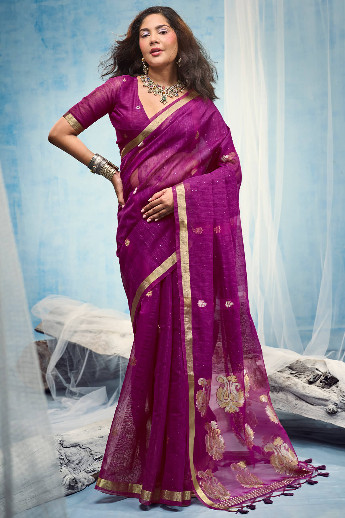 Jazzy Purple Pure Munga Cotton Silk Saree With Seraglio Blouse Piece