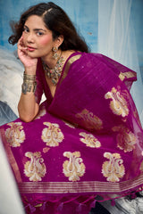 Jazzy Purple Pure Munga Cotton Silk Saree With Seraglio Blouse Piece