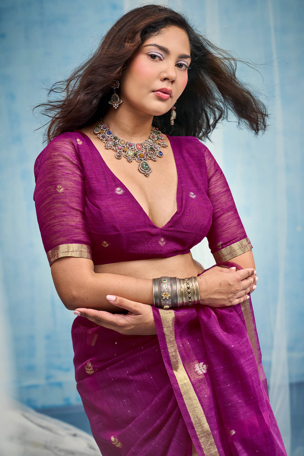 Jazzy Purple Pure Munga Cotton Silk Saree With Seraglio Blouse Piece