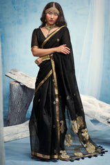Embrocation Black Pure Munga Cotton Silk Saree With Deserving Blouse Piece