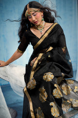 Embrocation Black Pure Munga Cotton Silk Saree With Deserving Blouse Piece