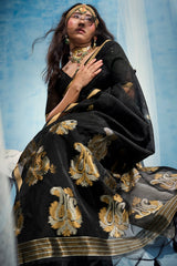 Embrocation Black Pure Munga Cotton Silk Saree With Deserving Blouse Piece