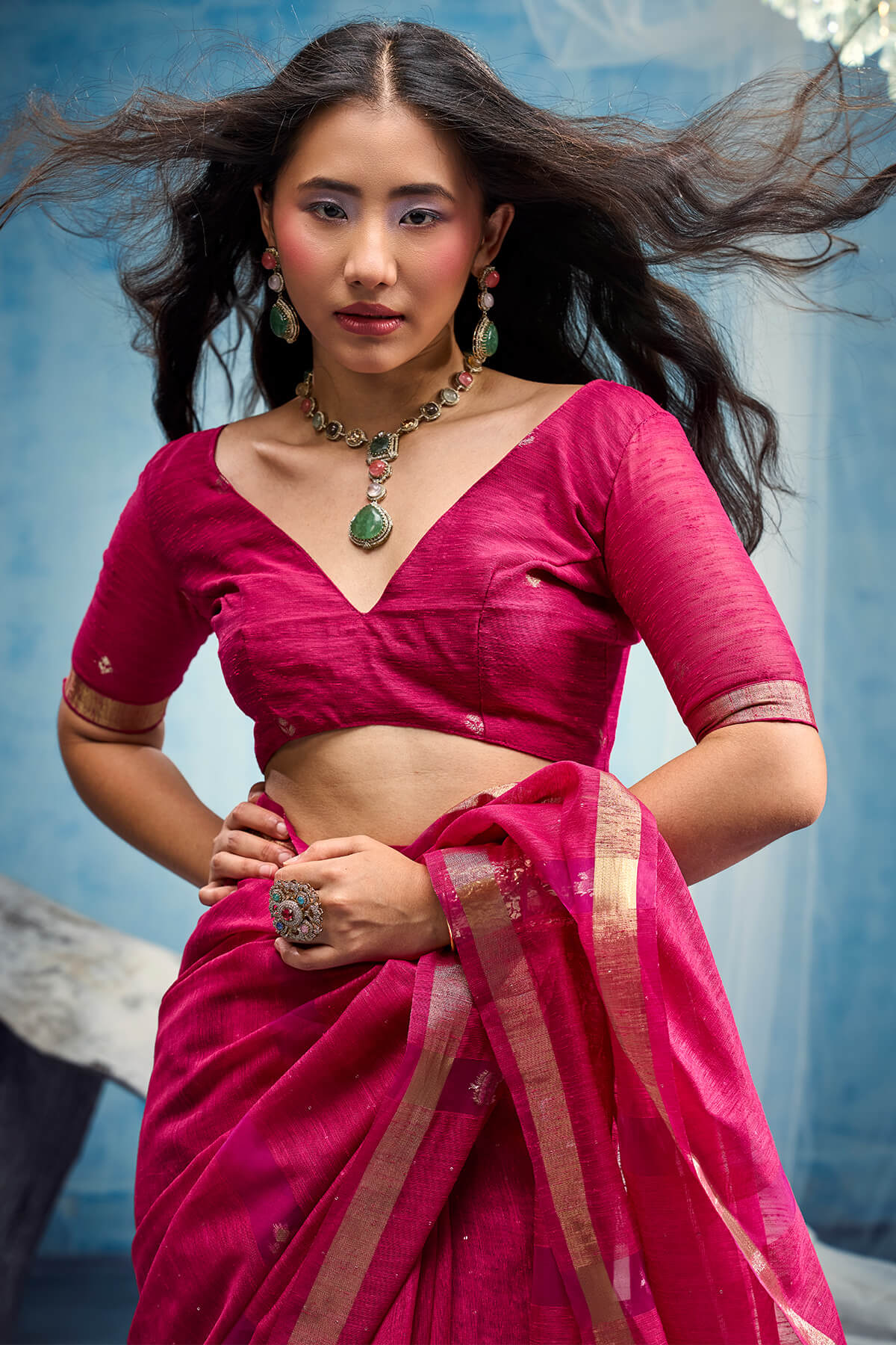 Allure Dark Pink Pure Munga Cotton Silk Saree With Nectarous Blouse Piece