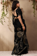 Sonorous Black Cotton Silk Saree With Impressive Blouse Piece