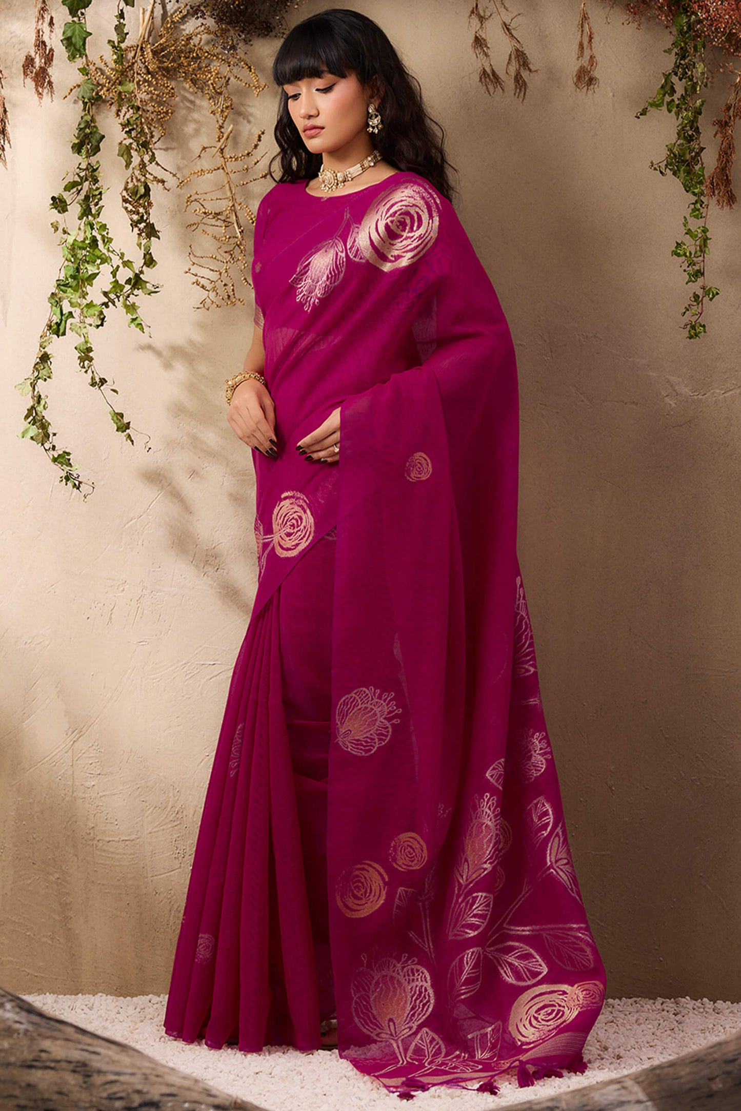 Unequalled Dark Pink Cotton Silk Saree With Bucolic Blouse Piece