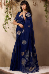 Sumptuous Navy Blue Cotton Silk Saree With Exquisite Blouse Piece
