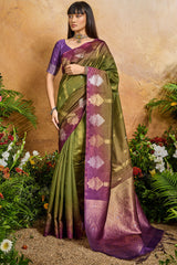 Epiphany Green Banarasi Paper Silk Saree With Staggering Blouse Piece