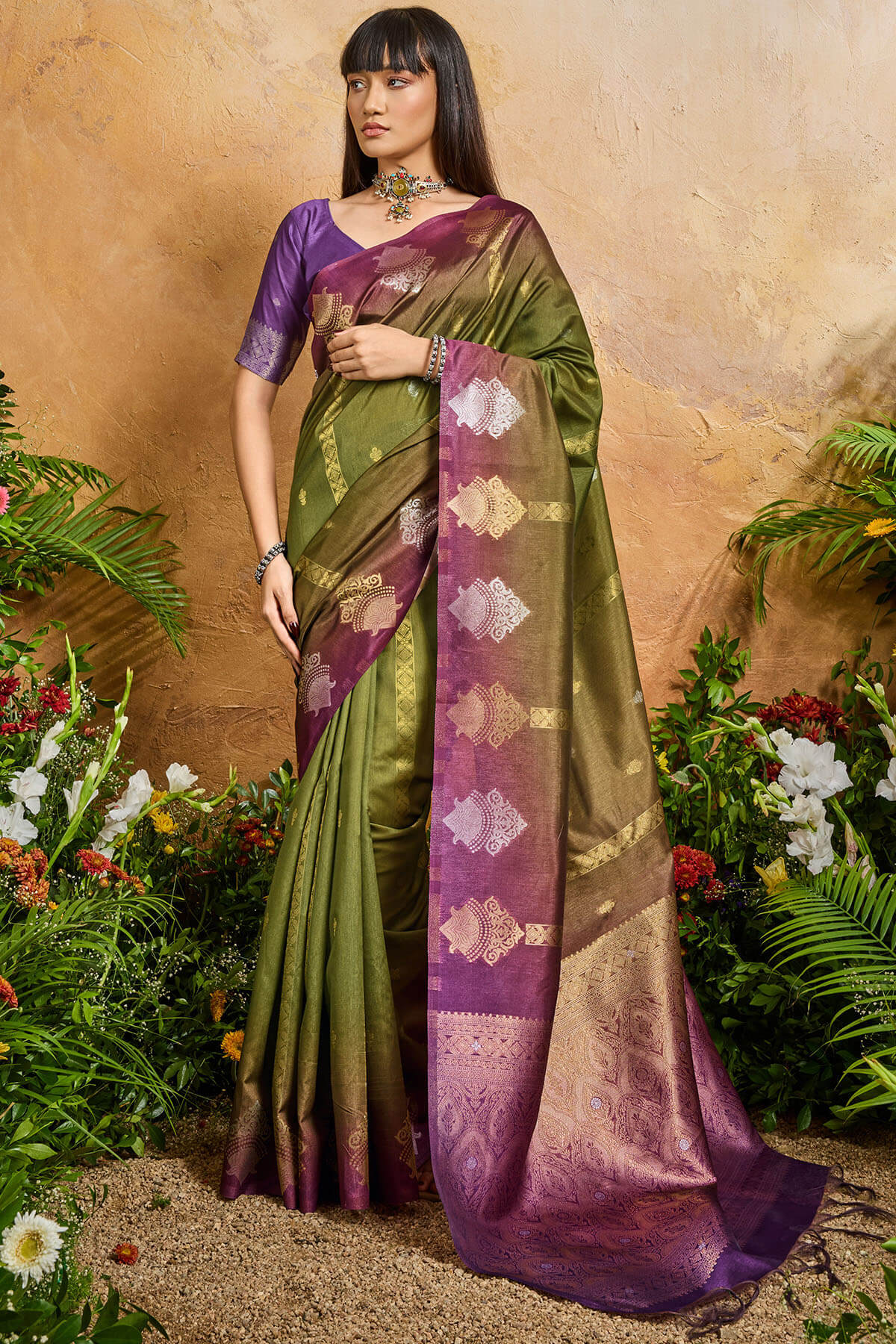 Epiphany Green Banarasi Paper Silk Saree With Staggering Blouse Piece