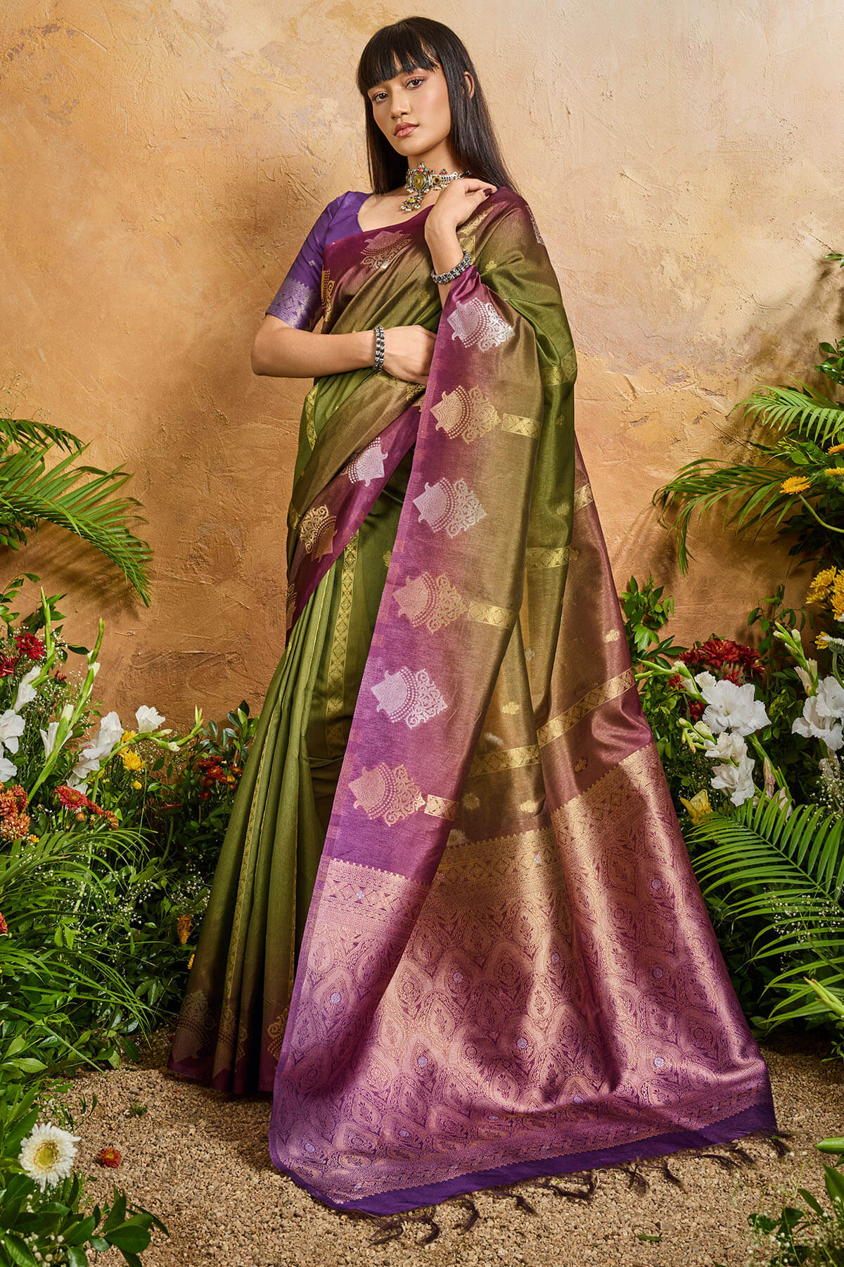 Epiphany Green Banarasi Paper Silk Saree With Staggering Blouse Piece
