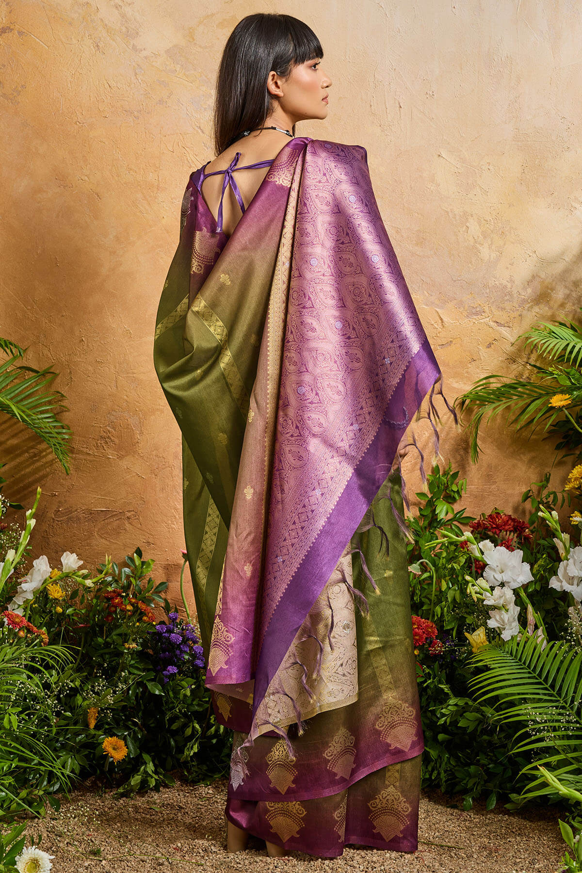Epiphany Green Banarasi Paper Silk Saree With Staggering Blouse Piece