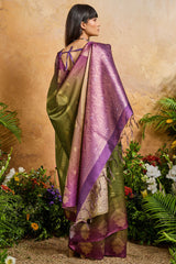 Epiphany Green Banarasi Paper Silk Saree With Staggering Blouse Piece
