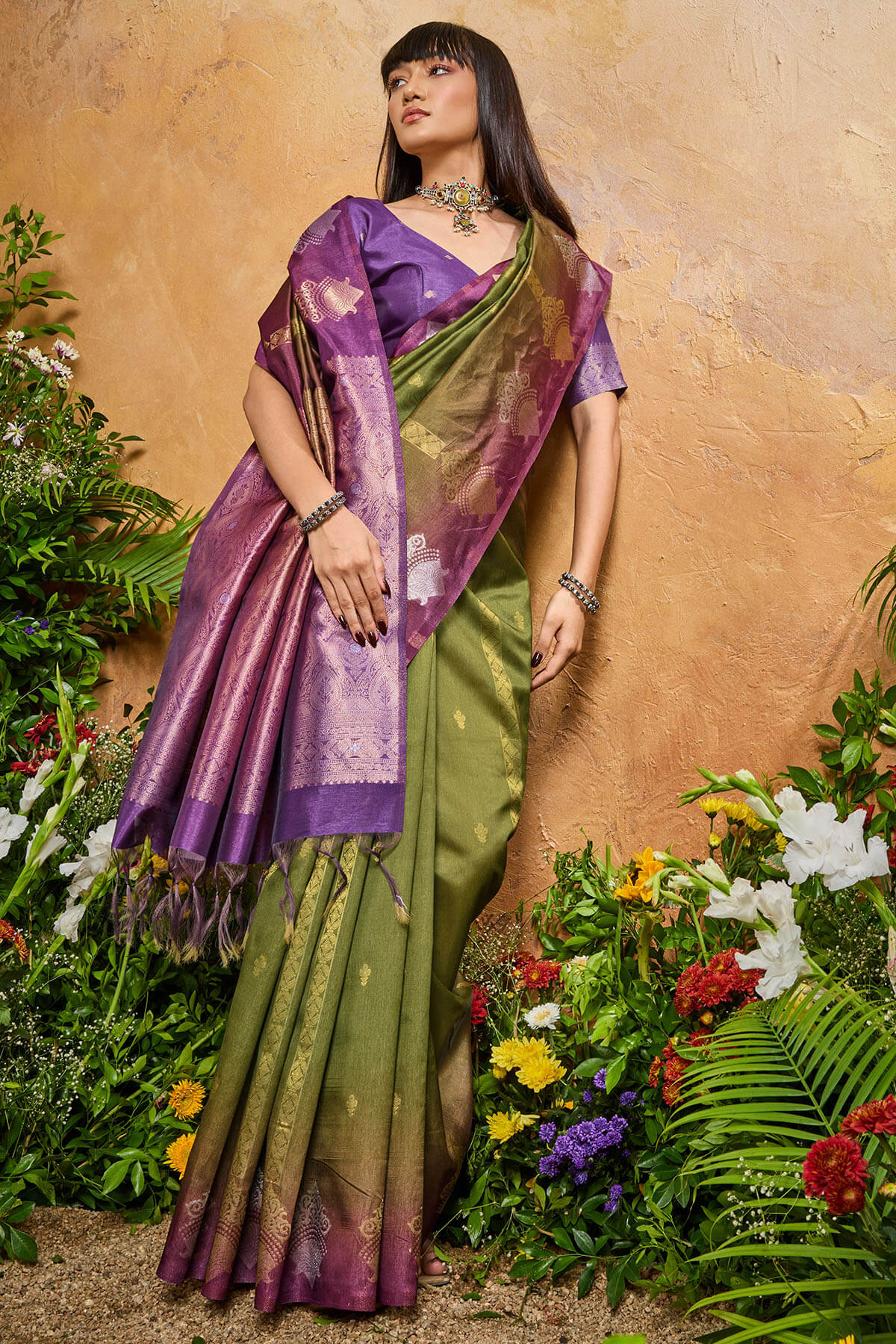 Epiphany Green Banarasi Paper Silk Saree With Staggering Blouse Piece
