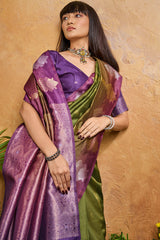 Epiphany Green Banarasi Paper Silk Saree With Staggering Blouse Piece