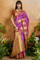 Blissful Magenta Banarasi Paper Silk Saree With Magnetic Blouse Piece