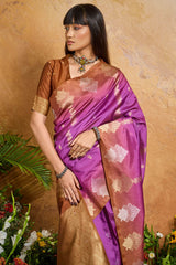 Blissful Magenta Banarasi Paper Silk Saree With Magnetic Blouse Piece